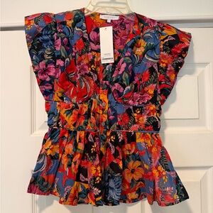 Colorful Floral Flutter-Sleeve Blouse - Multicolor
